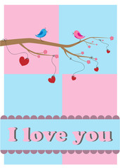 Two loving birds sit on a tree branch and sing. I love you. Vector illustration.