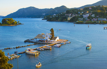 Panoramic aerial view of Vlacherna Monastery in Kerkyra in Corfu island, Greece