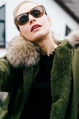 Closeup portrait of odd bizarre kinky beautiful cute young famous celebrity fashion caucasian...