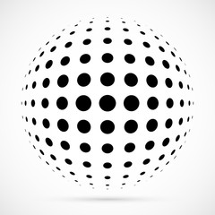 White 3D vector halftone sphere.Dotted spherical background.Logo template with shadow.Circle dots isolated on the white background.