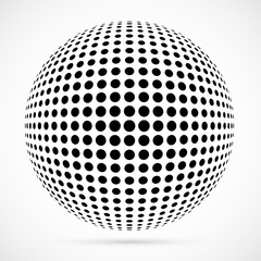 White 3D vector halftone sphere.Dotted spherical background.Logo template with shadow.Circle dots isolated on the white background.