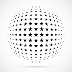 White 3D vector halftone sphere.Dotted spherical background.Logo template with shadow.Stars isolated on the white background.