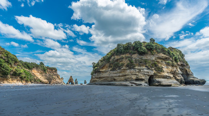 Landscape of the Three Sisters on the north Taranaki coast, New Zealand
