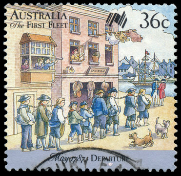Stamp from Australia illustrating Arrival of First Fleet