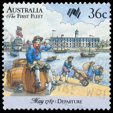 Stamp From Australia Illustrating Arrival Of First Fleet