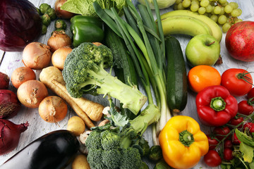 Composition with variety of raw organic vegetables and fruits. Balanced diet