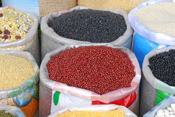 Varieties of beans in the bag in market for sale