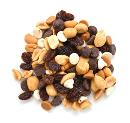 Mix nuts, dry fruits and grapes on a white background