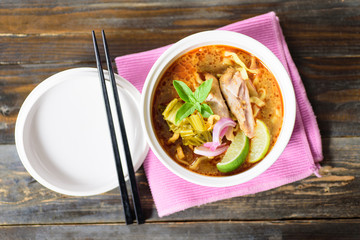 Northern Thai food (Khao soi), curry noodles soup with chicken
