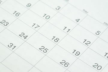 Closed up of date number clean white calendar as year planning, event or appointment