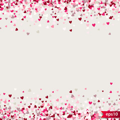 Fototapeta na wymiar Stipple pattern for design. Colorful minimalistic geometric pattern with randomly located small hearts. Red heart glitter background. Gradually changing density backdrop with red and pink hearts