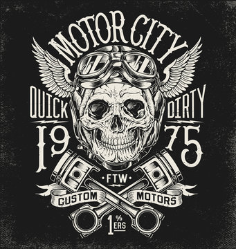 Naklejka Illustrated motorcycle skull with helmet and goggles. Vintage typography layout.