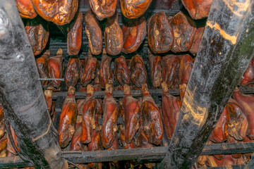 Preparation of prosciutto in rural areas in Montenegro.