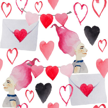 A stylish watercolor pattern for Valentine's Day. Abstract composition of elements expressing love. The pattern is suitable for any background of romantic themes, like a web image or in a polygraph.