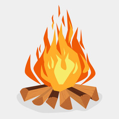 Bonfire - camping, burning woodpile, campfire or fireplace. Vector