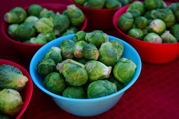 Baskets of fresh organic green Brussels sprouts