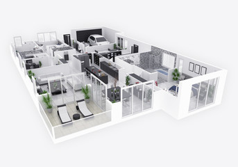 Floor plan of a house top view 3D illustration. Open concept living apartment layout