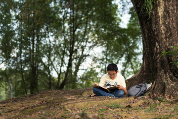 Naklejka na ściany i meble young asian boy reading a book under a tree. education concept
