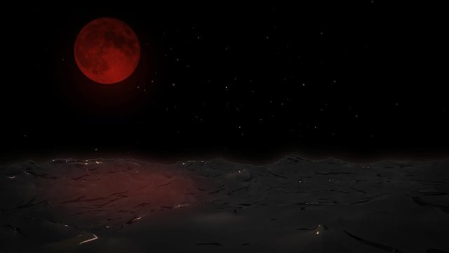 Blood Moon over violent ocean in the night sky