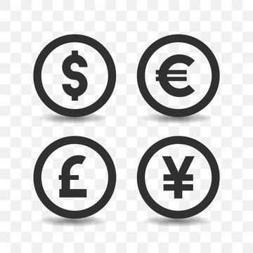 Currency icon set with shadow on transparent background.