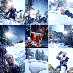 Portrait of young beautiful woman on winter outdoor background. Collage.