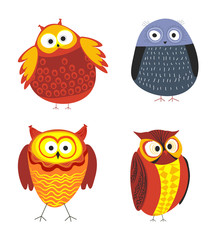 Owls cartoon kid funny characters with feather ornament.
