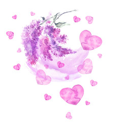 Watercolor seamless vintage pattern with a branch of lilac, flowers, splash of paint. Beautiful, stylish and fashionable background. Color, lilac color on a white background.