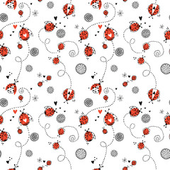 Seamless floral pattern with flying ladybirds