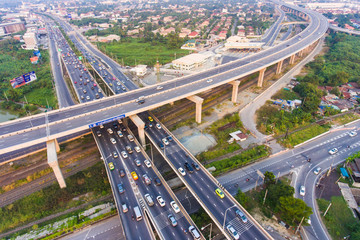 Aerial view of Traffic and Highway on suburban area