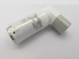 Ipratropium and Fenoterol metered aerosol, that is oral steroid inhaler. Prevention & treatment of symptoms in chronic obstructive airway disorders. isolated on white background and copy space.