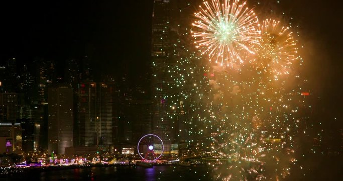 Fireworks & One International Finance Centre; Hong Kong Fireworks; Hong Kong, China