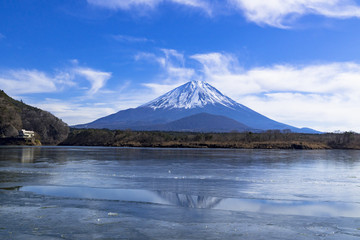 Fototapeta premium 結氷した精進湖と富士山