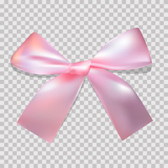 Pink Satin bow on a transparent background for a holiday, birthday, St. Valentine's Day. Vector