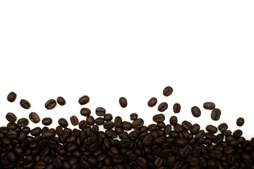 Top view coffee beans on  isolated background.Free space for your text.