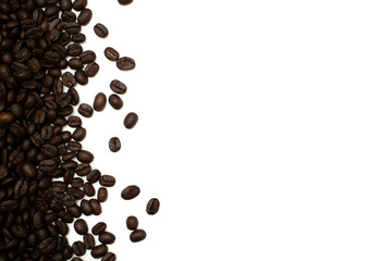 Top view coffee beans on white background.Free space for your text.