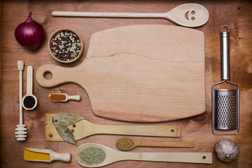 Set of wooden utensils and spices