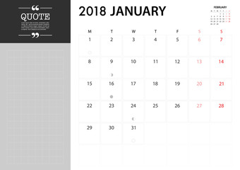 January planner 2018 on White Background for organization and business. Week Starts Monday. Minimal Planner with eclipse