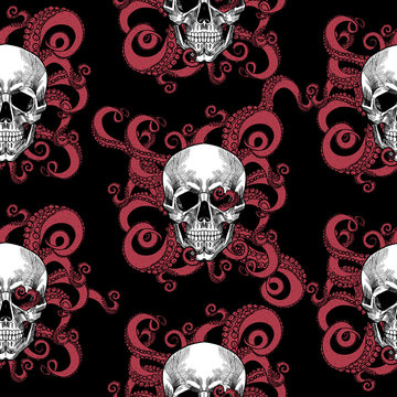 Skull and tentacles of the octopus .Vector seamless pattern