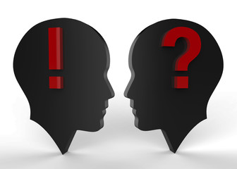 Question and exclamation mark with human head and brain, 3d illustration