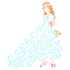 Charming lady in a lavish dress of curls, a crown and a bouquet of flowers