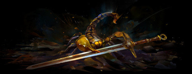 painted bright scorpion with a sword on a black background