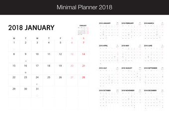 Calendar for 2018 on White Background for organization and business. Week Starts Monday. Minimal Planner with eclipse