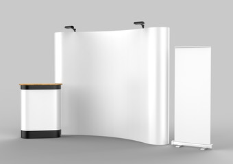 Exhibition Tension Fabric Display Banner Stand Backdrop for trade show advertising stand with LED OR Halogen Light with standees and counter. 3d render illustration.