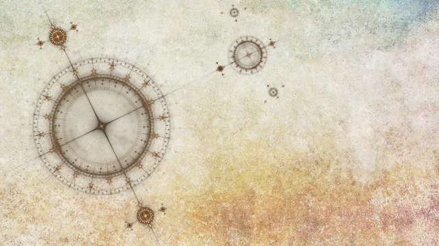 Old clock or ancient nautical instrument, compass, animation of cogs working together on grunge parchment, gears rotating, abstract illustration, background with copy space, seamless loop
