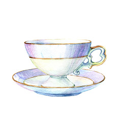 Beautiful vintage empty coffee cup on a saucer isolated on white background