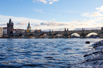 Obraz premium Pedestrians only Charles Bridge a.k.a. Stone Bridge, Kamenny most, Prague Bridge, Prazhski most over Vltava river in Prague, Czech Republic.