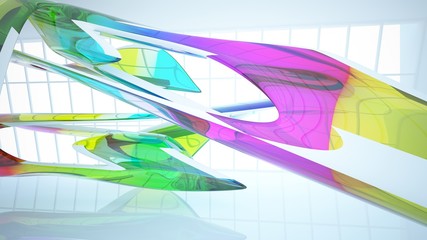 Abstract white and colored gradient glasses interior with window. 3D illustration and rendering.