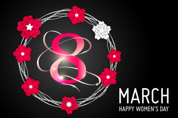 8 march women's day greeting card. Happy Women's Day.  Card for 8 March women's day. Abstract background with paper flower. Vector illustration.