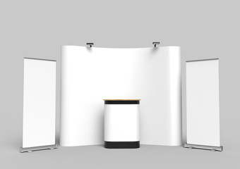 Exhibition Tension Fabric Display Banner Stand Backdrop for trade show advertising stand with LED OR Halogen Light with standees and counter. 3d render illustration.