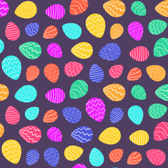 Bright color Easter seamless pattern with cartoon decorated eggs on dark purple background. Ornate doodle eggs texture for spring Easter package, gift wrapping paper, textile, covers, greeting cards